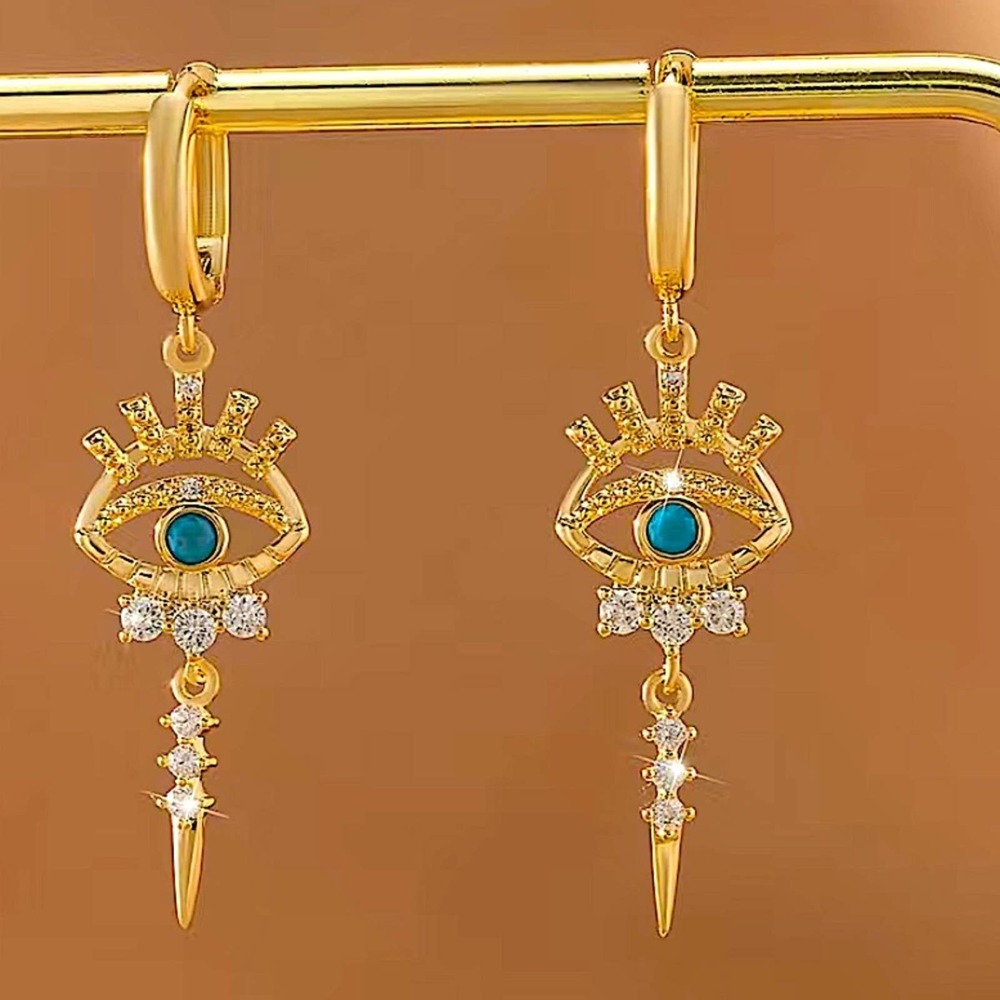 Gold 14K Evil Eye Hoop Zircon Drop Dangling Minimalist Earrings